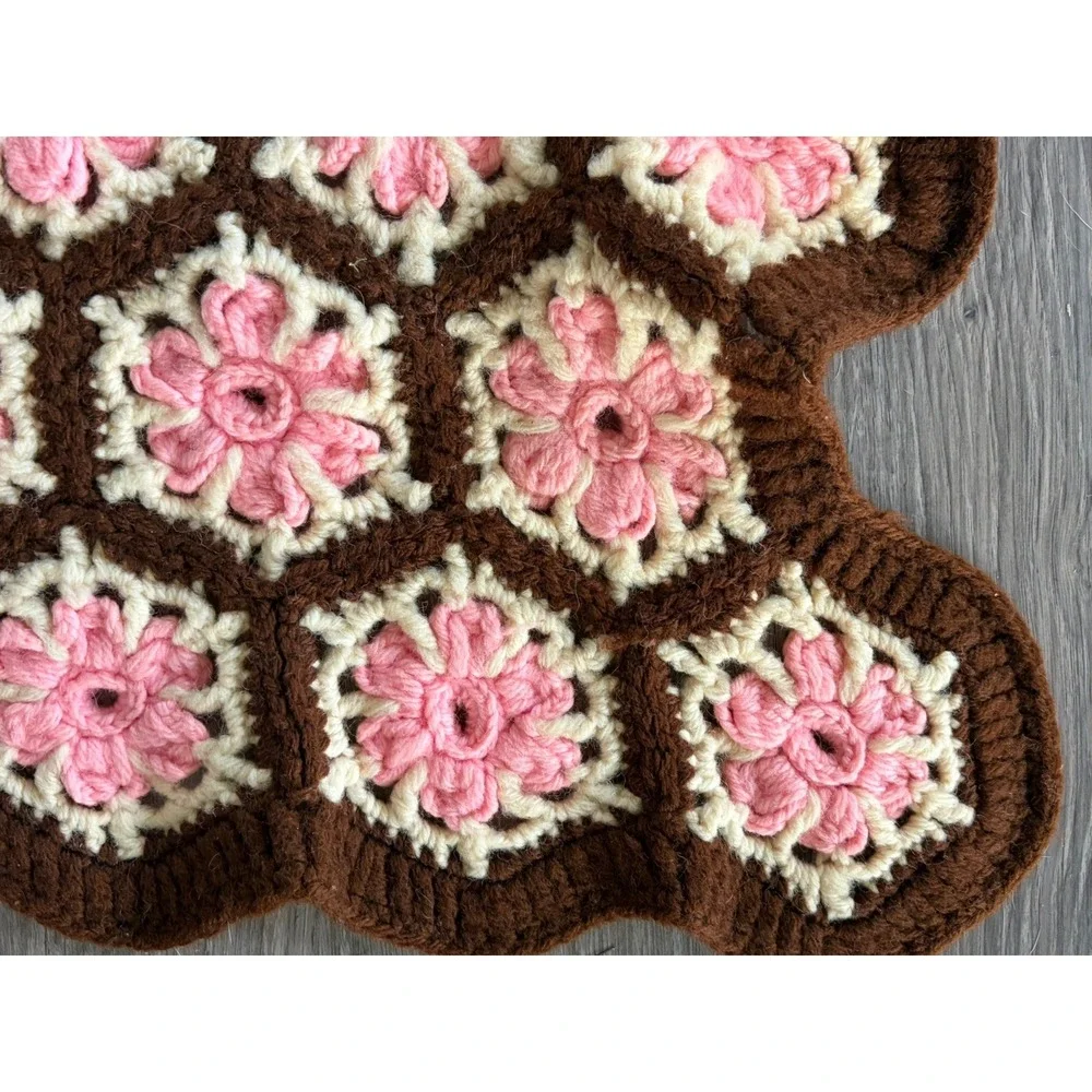 80s Vintage Pink Floral Handmade Crochet Knit Afghan Throw Blanket 49x71 Inches